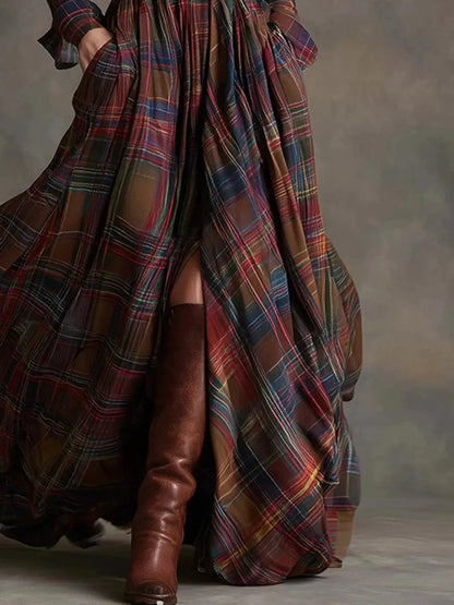 Full Size Plaid Long Sleeve Shirt Maxi Dress Plus Size by Trendsi