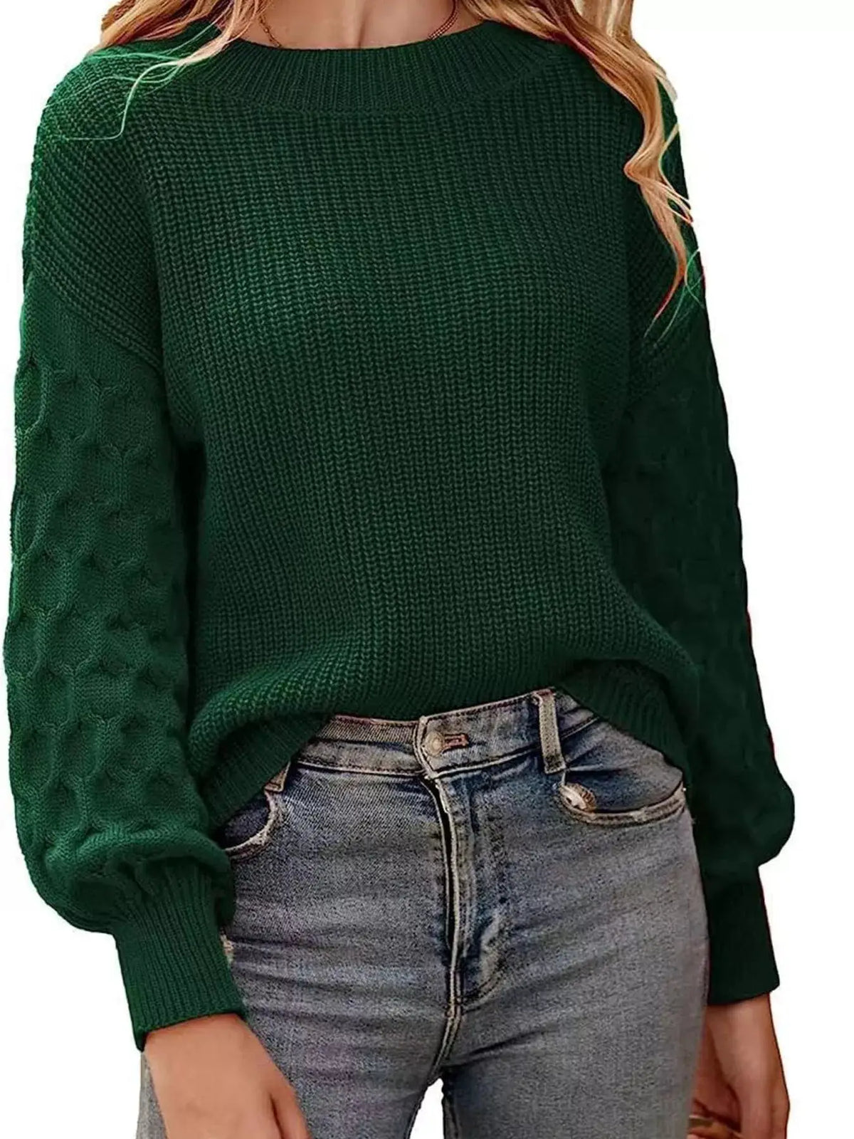 Textured Sleeve Round Neck Sweater by Trendsi