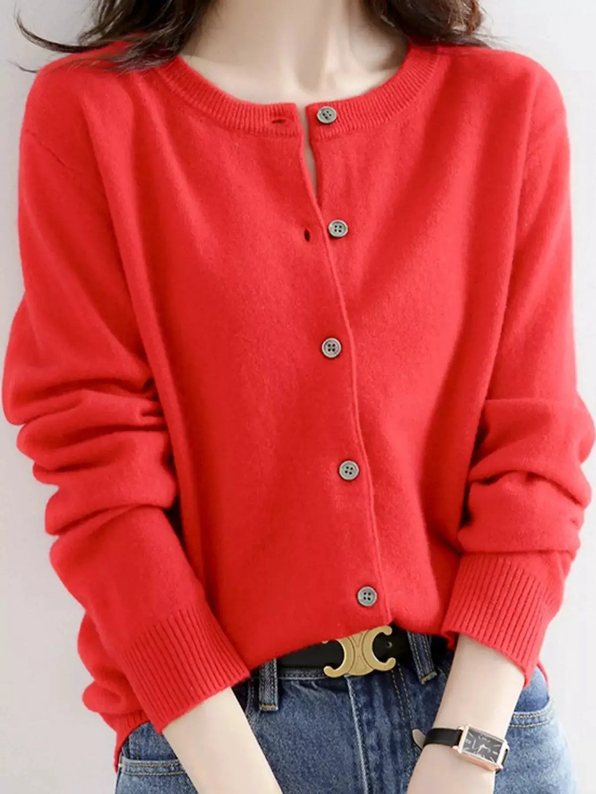Crew-Neck Button-Down Cardigan by Trendsi