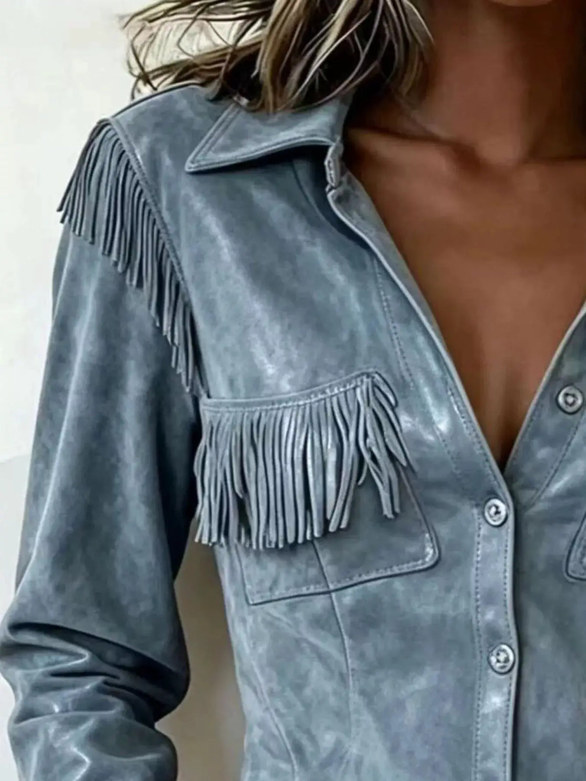 Full Size Fringed Snap Down Jacket Plus Size by Trendsi