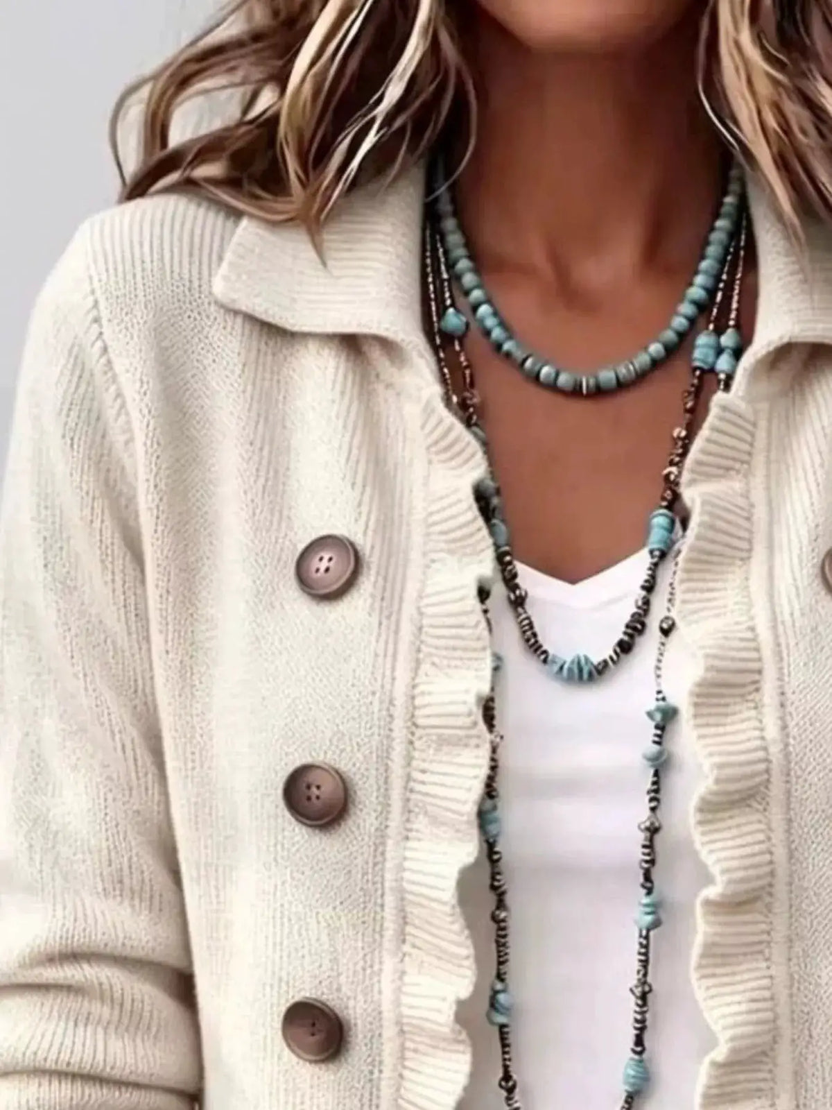 Full Size Ruffled Trim Decorative Button Cardigan Plus Size by Trendsi