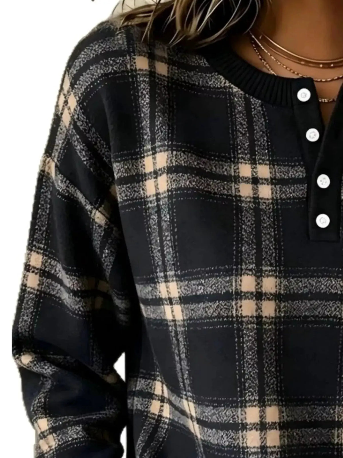 Full Size Plaid Button Detail Long Sleeve Sweatshirt Plus Size by Trendsi