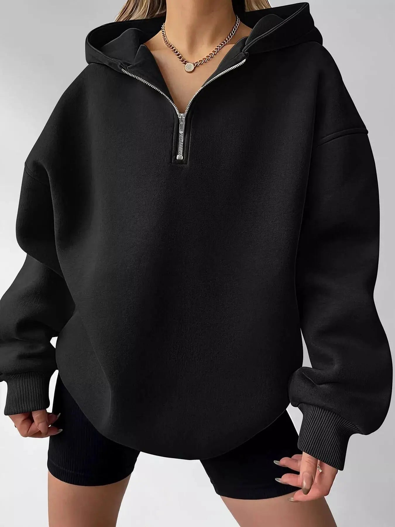 Oversized Quarter-Zip Hoodie by Trendsi