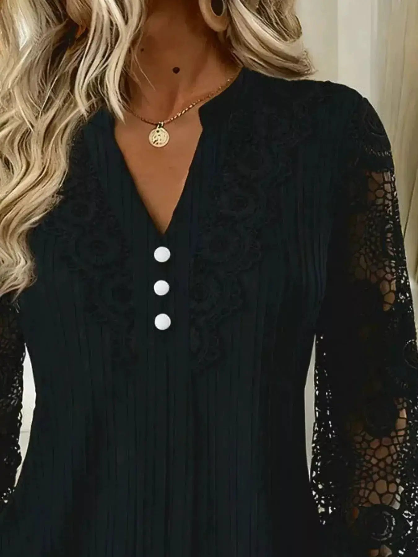 Lace Long Sleeve Notched Blouse by Trendsi