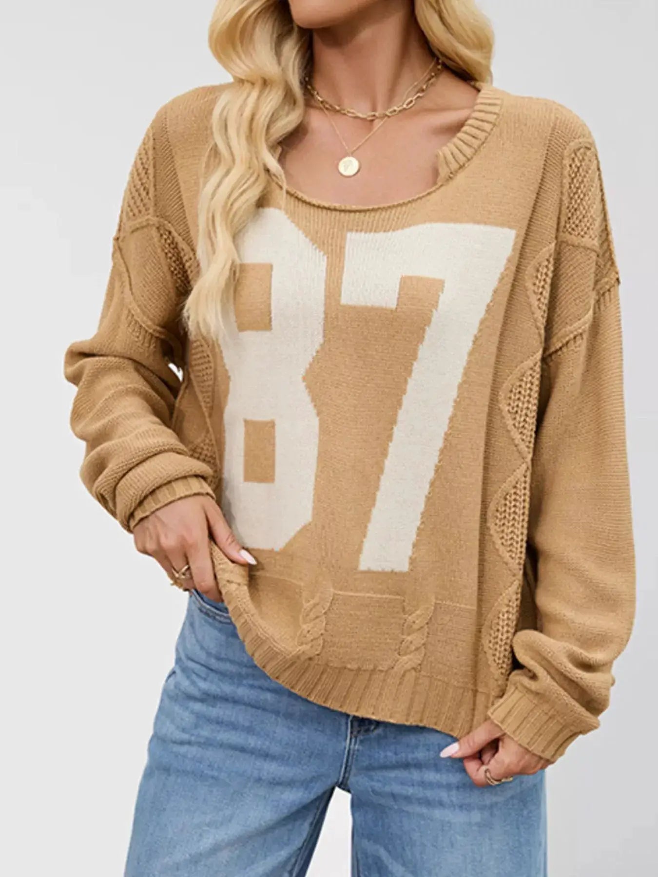 87 Number Cable-Knit Sweater by Trendsi