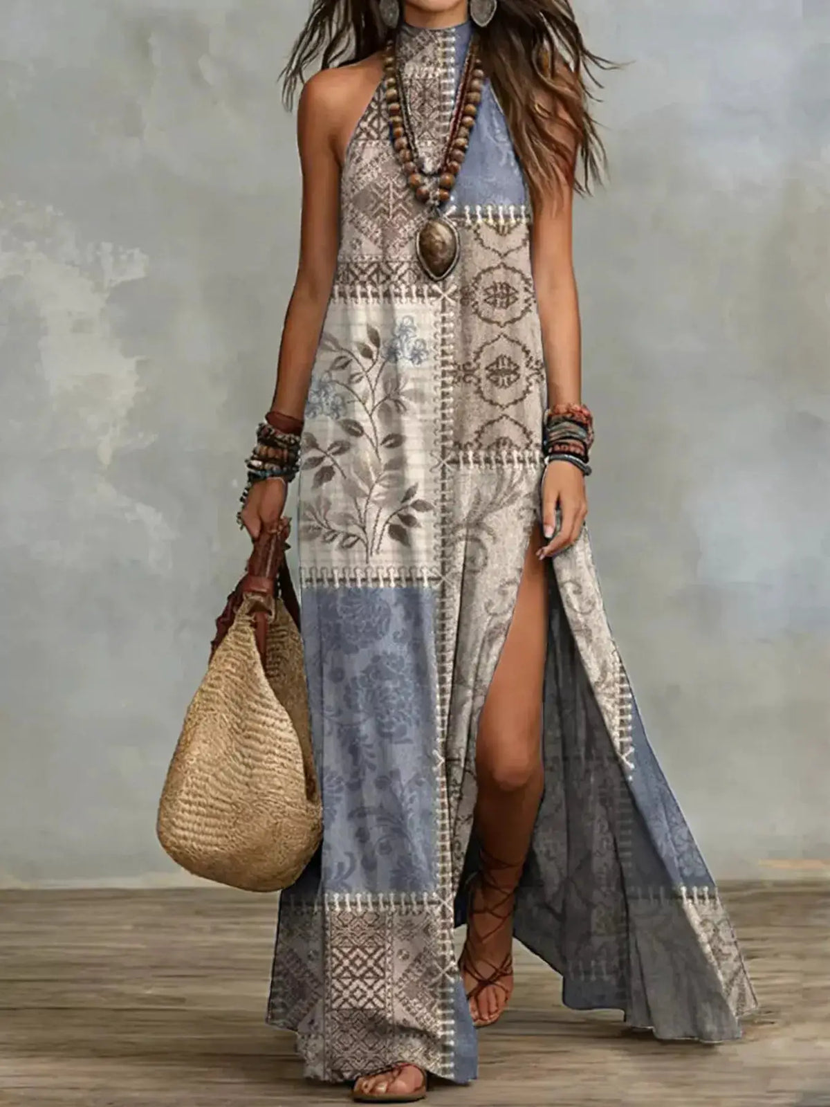 Slit Printed Sleeveless Maxi Dress by Trendsi