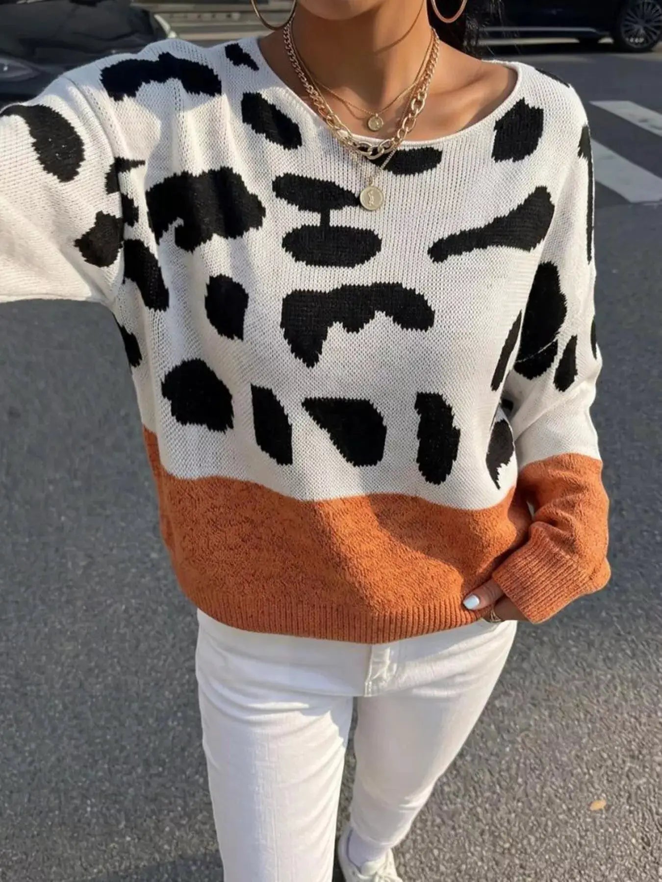 Full Size Leopard One Shoulder Sweater Plus Size by Trendsi