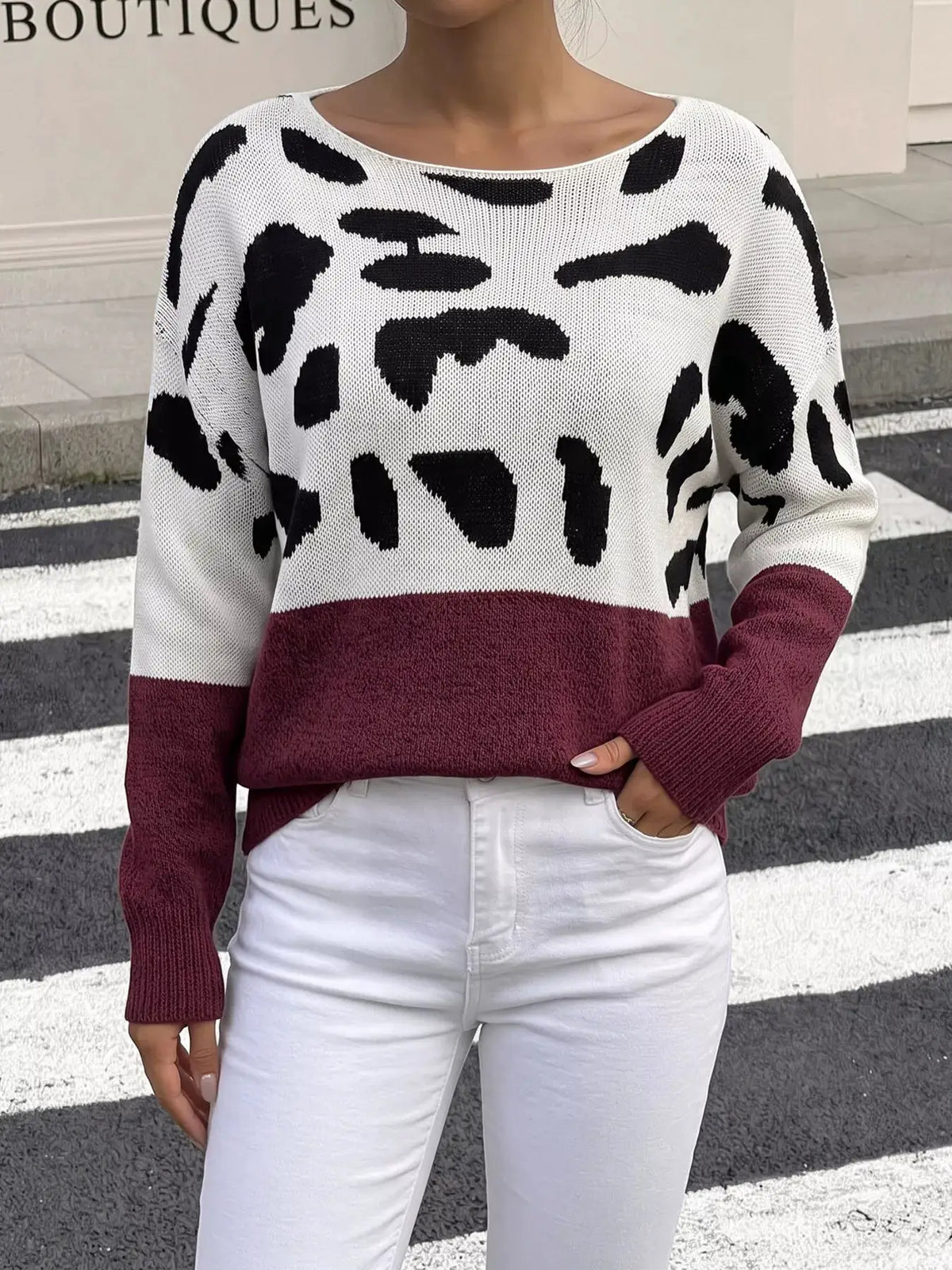 Full Size Off-Shoulder Colorblock Animal Print Sweater Plus Size by Trendsi