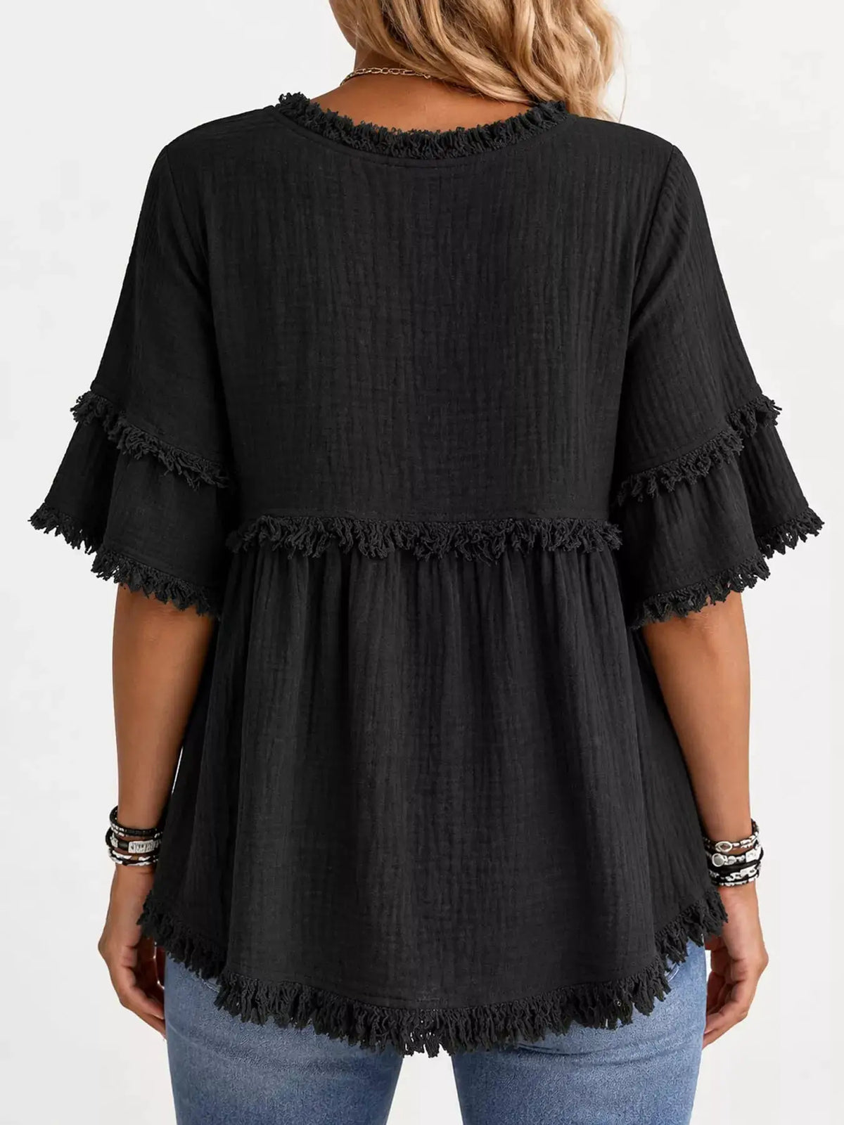 Full Size Frayed Edge Textured Blouse Plus Size by Trendsi