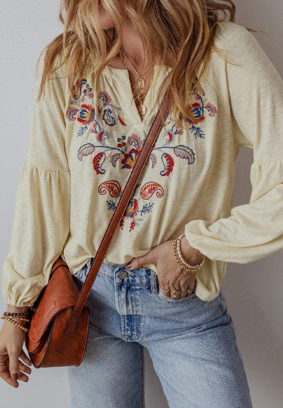 Embroidered Notched Long Sleeve Blouse