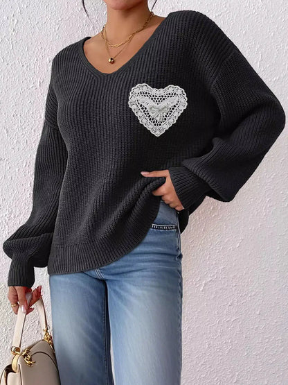 Lace Heart Dropped Shoulder Sweater by Trendsi