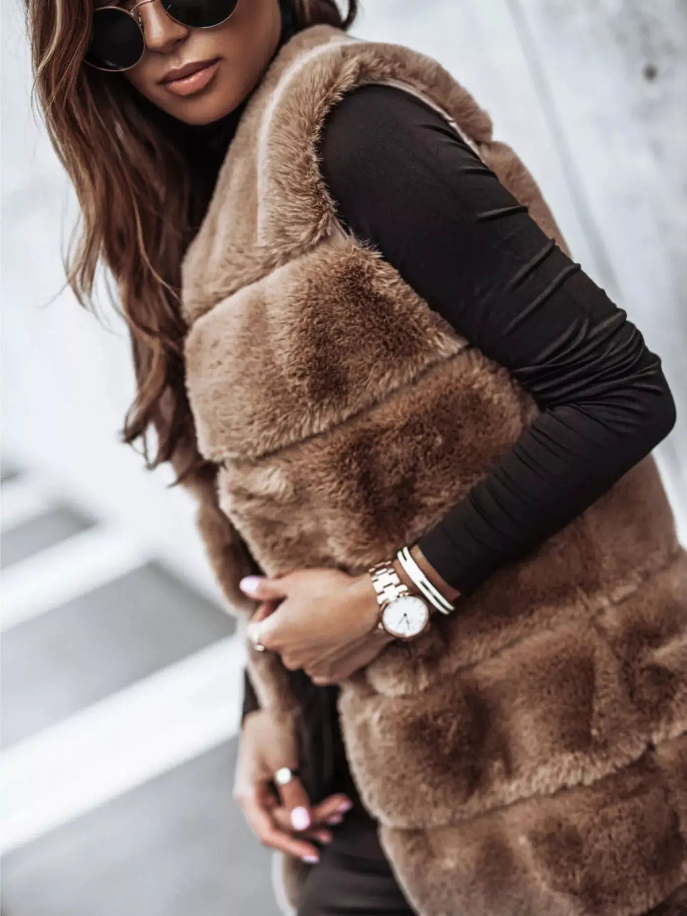 Faux Fur Longline Vest Coat by Trendsi