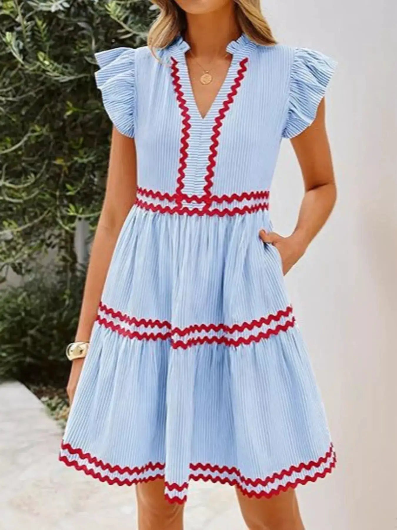 Striped Ruffle Sleeve Tiered Dress by Trendsi