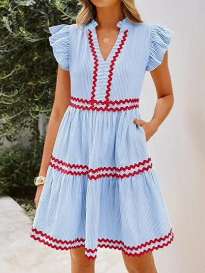 Striped Ruffle Sleeve Tiered Dress by Trendsi