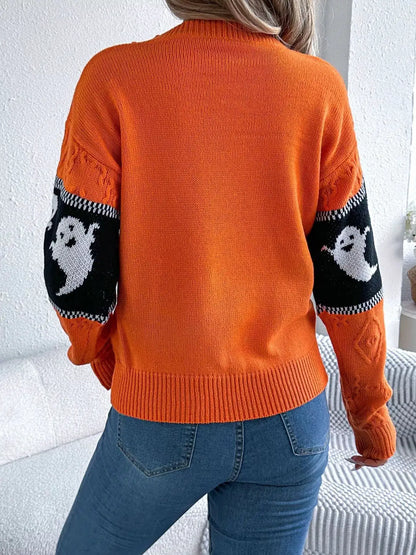 Halloween Ghost Pattern Textured Sweater by Trendsi