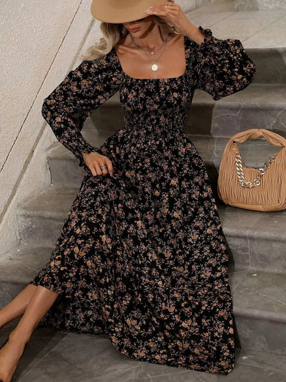 Floral Print Square Neck Smocked Midi Dress by Trendsi