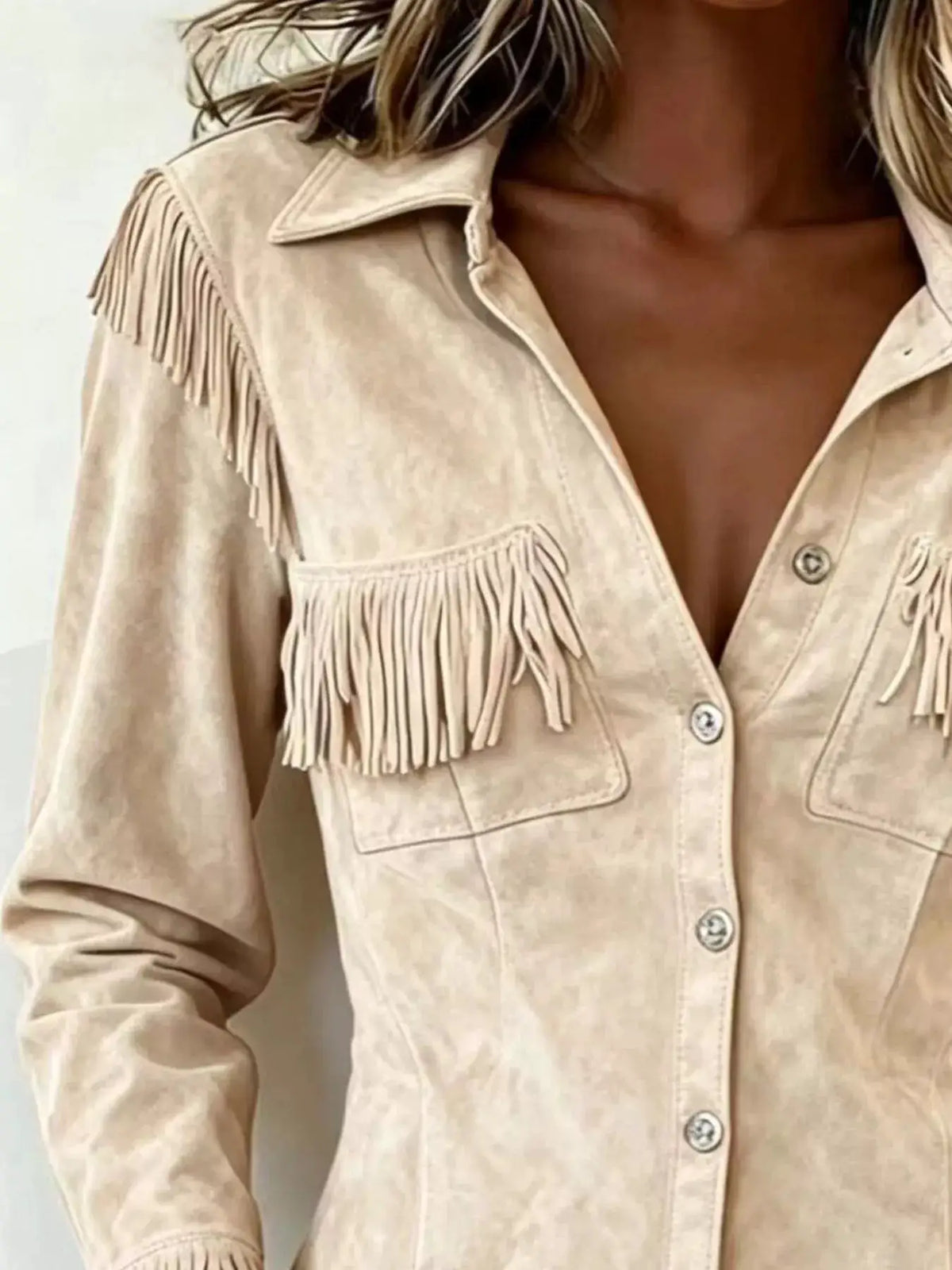 Full Size Fringed Snap Down Jacket Plus Size by Trendsi