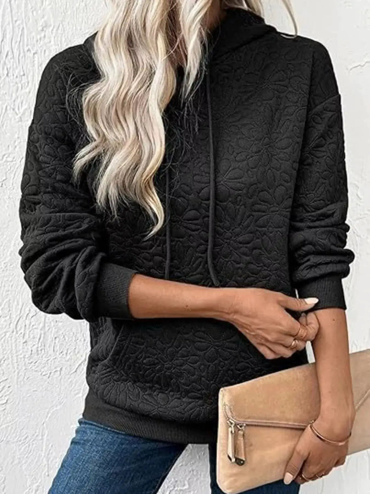 Textured Floral Embossed Drawstring Hoodie by Trendsi