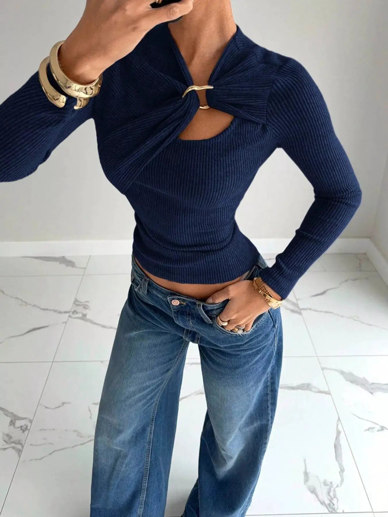 Ribbed Knit Long Sleeve T-Shirt with Metal Ring Cutout Detail by Trendsi