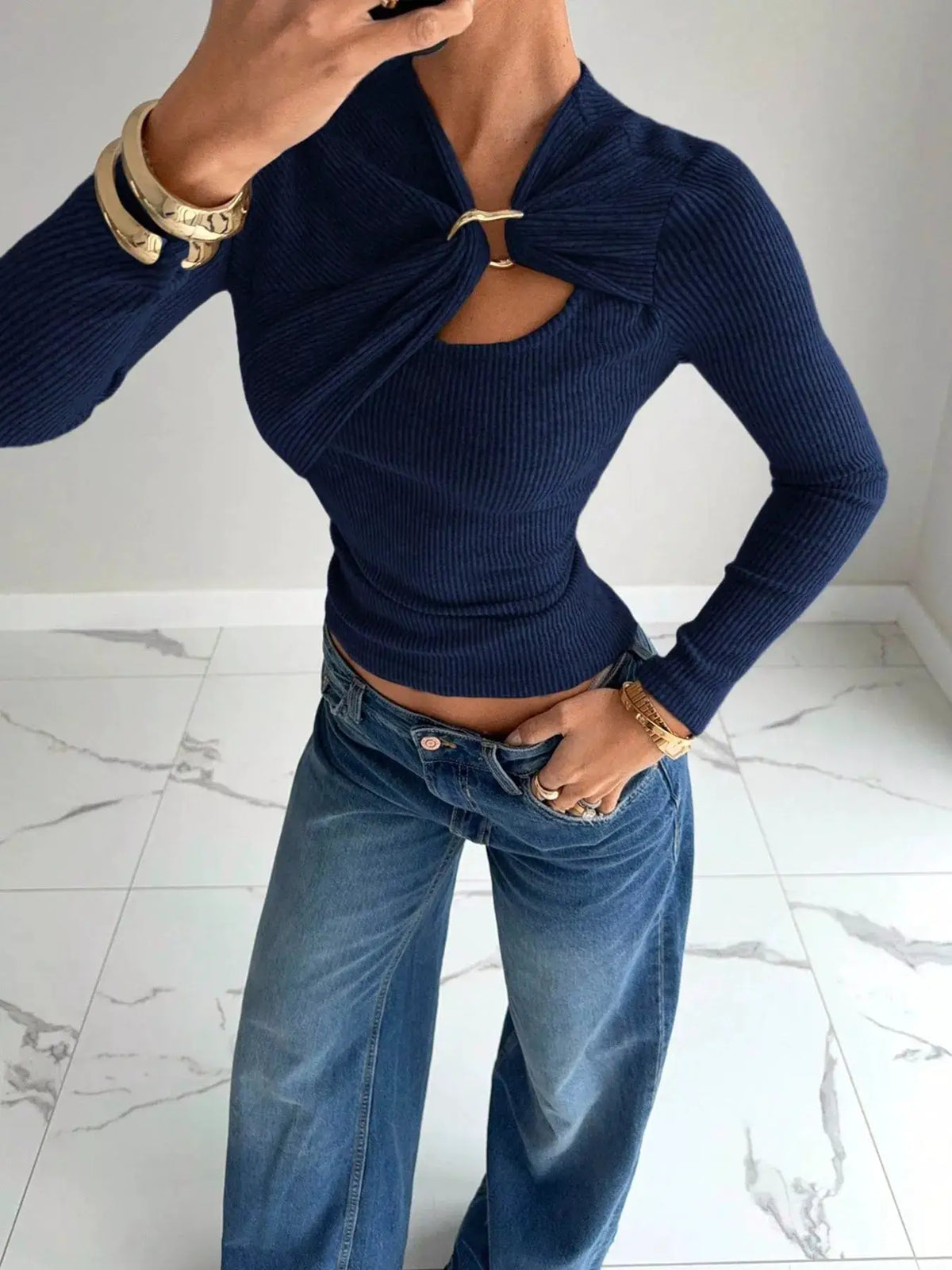Ribbed Knit Long Sleeve T-Shirt with Metal Ring Cutout Detail by Trendsi