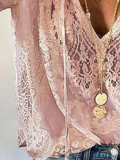 Lace Tie Neck Long Sleeve Blouse by Trendsi
