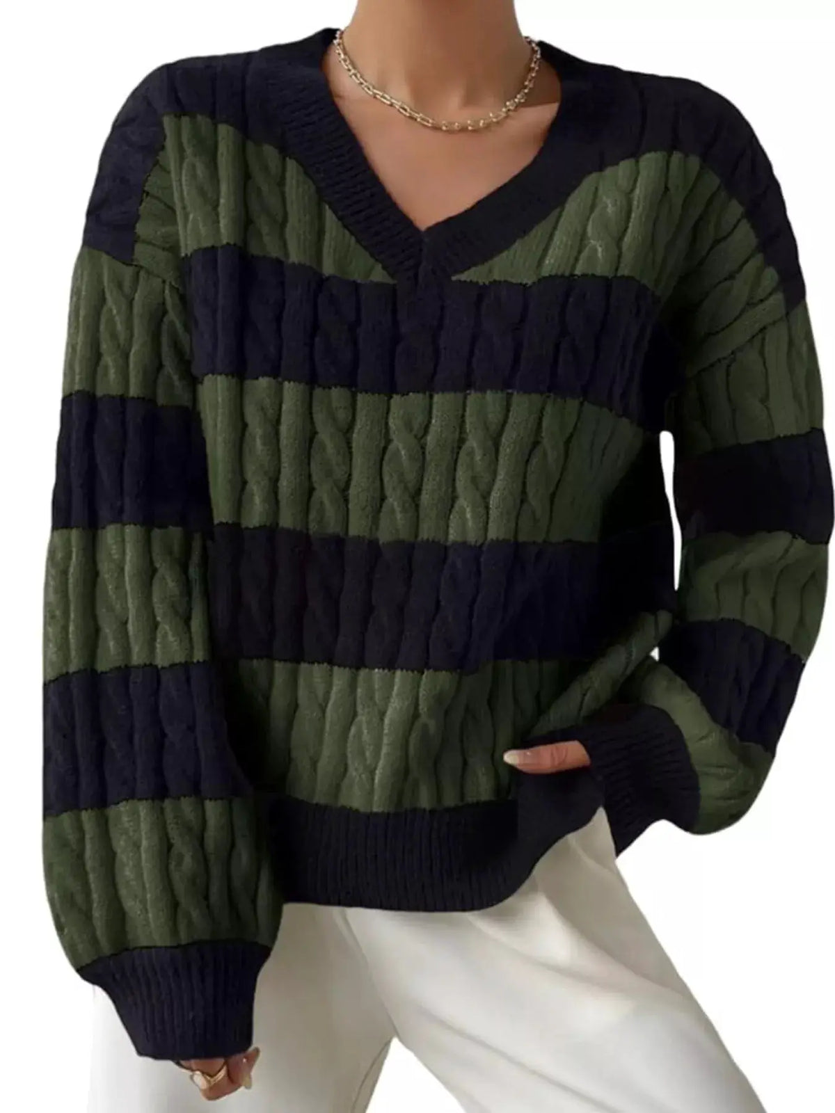 V-Neck Striped Cable Knit Sweater by Trendsi