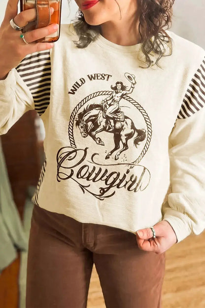 Western Graphic Striped Detail Long Sleeve Casual Top by Trendsi