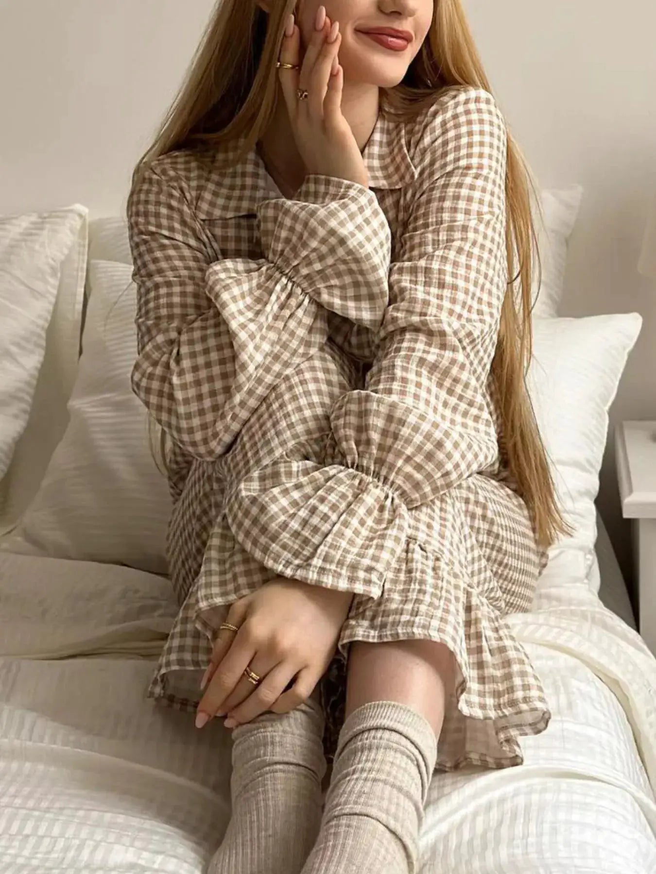 Gingham Ruffle-Trim Top and Pants Lounge Set by Trendsi