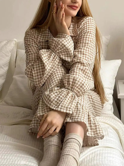 Gingham Ruffle-Trim Top and Pants Lounge Set by Trendsi