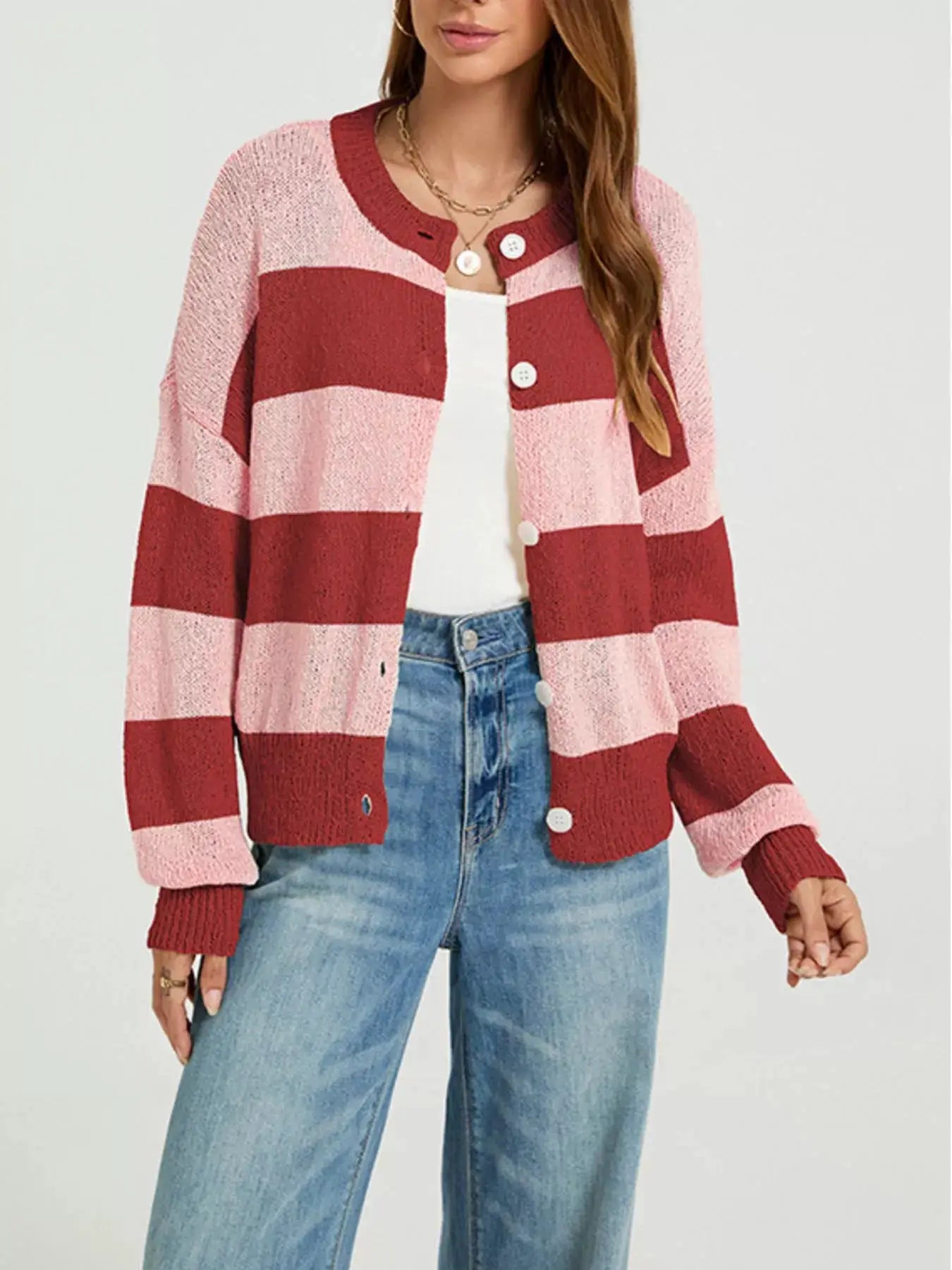Casual Striped Button-Down Knit Cardigan by Trendsi