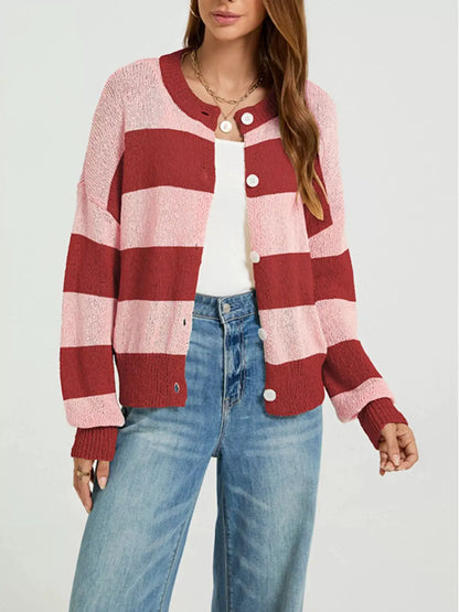 Casual Striped Button-Down Knit Cardigan by Trendsi