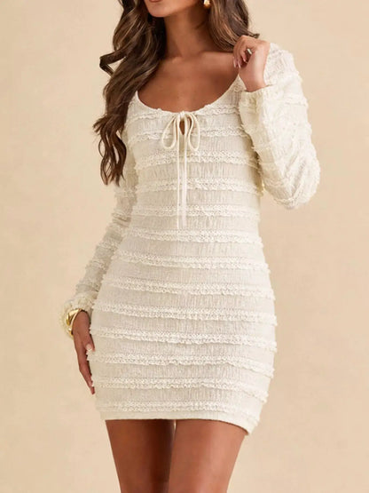Textured Long-Sleeve Bodycon Mini Dress with Tie-Front by Trendsi
