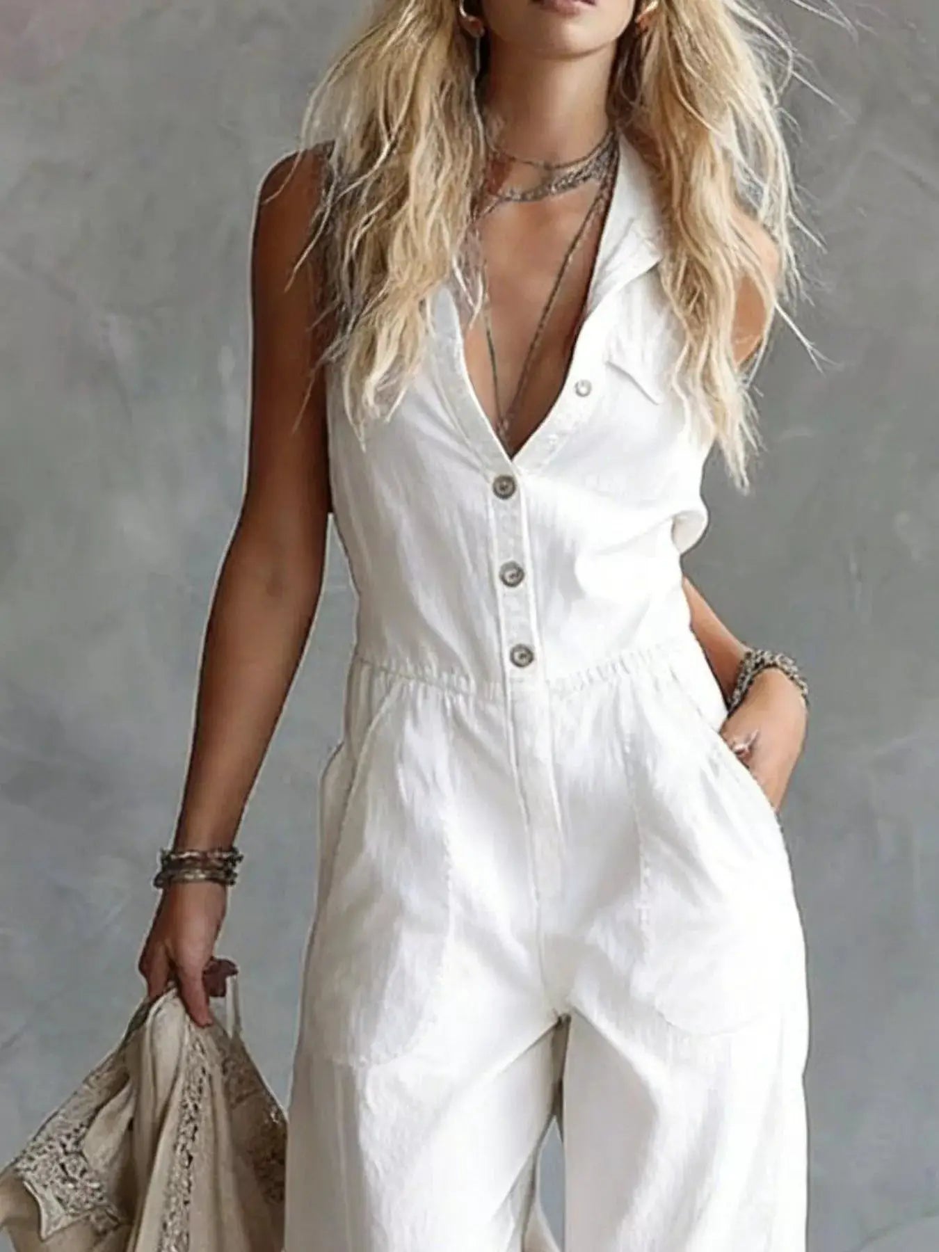 Sleeveless Button-Down Wide-Leg Jumpsuit by Trendsi