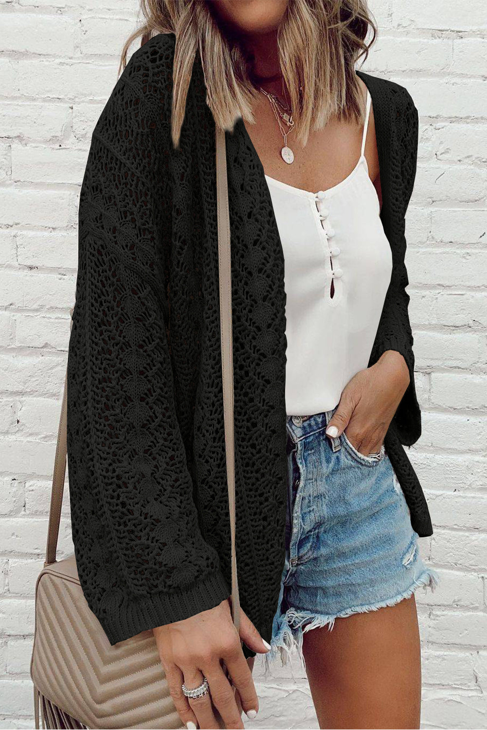 White Stylish Hollow Out Knit Drop Shoulder Cardigan