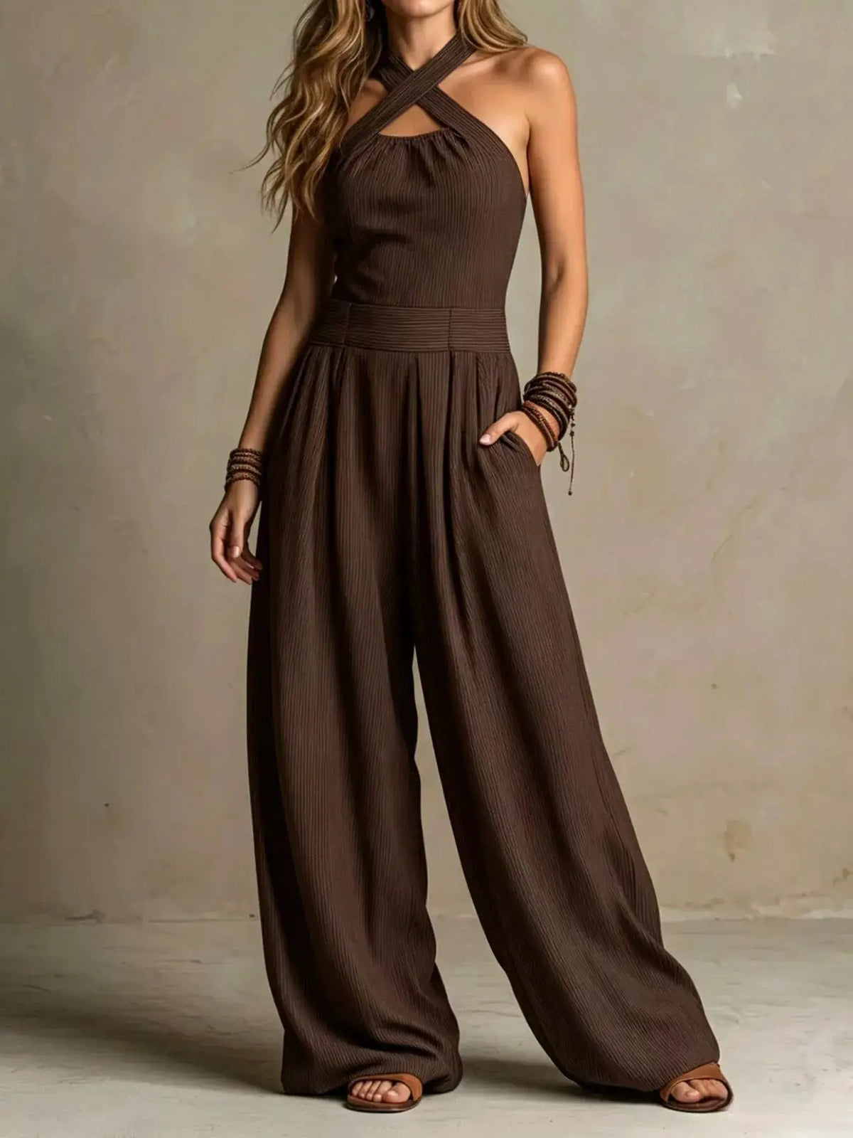 Full Size Halter Neck Wide-Leg Jumpsuit Plus Size by Trendsi