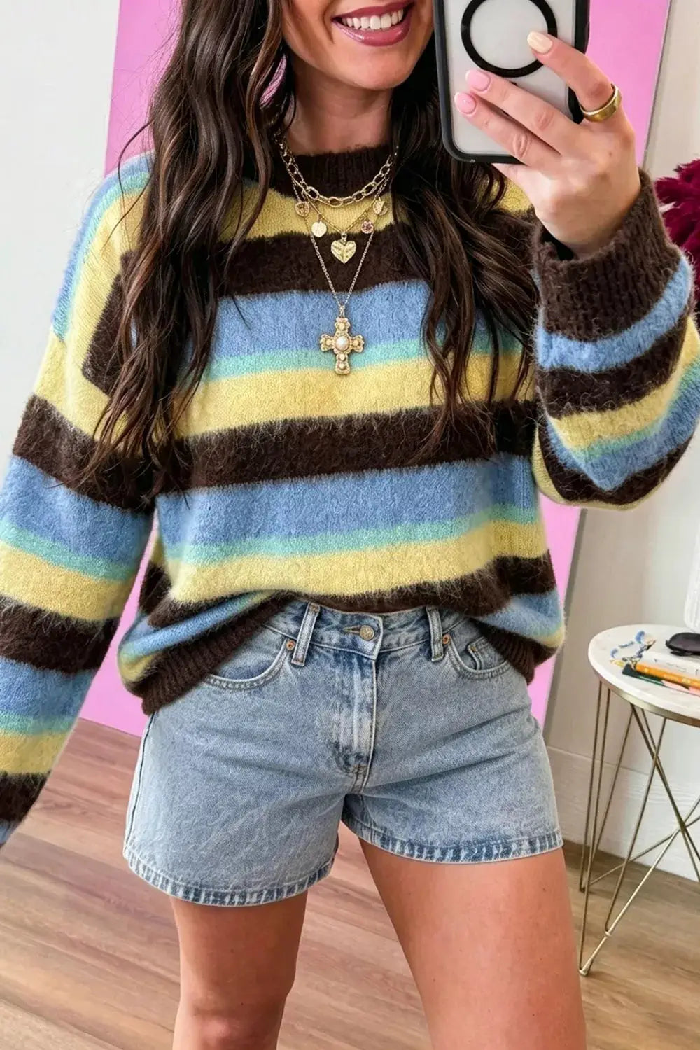 Striped Fuzzy Dropped Shoulder Sweater by Trendsi