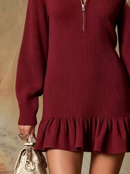 Ruffle Hem Half Zip Dress by Trendsi