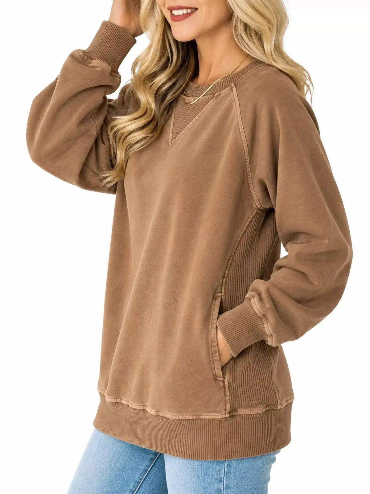 Crew Neck Raglan Sleeve Sweatshirt by Trendsi