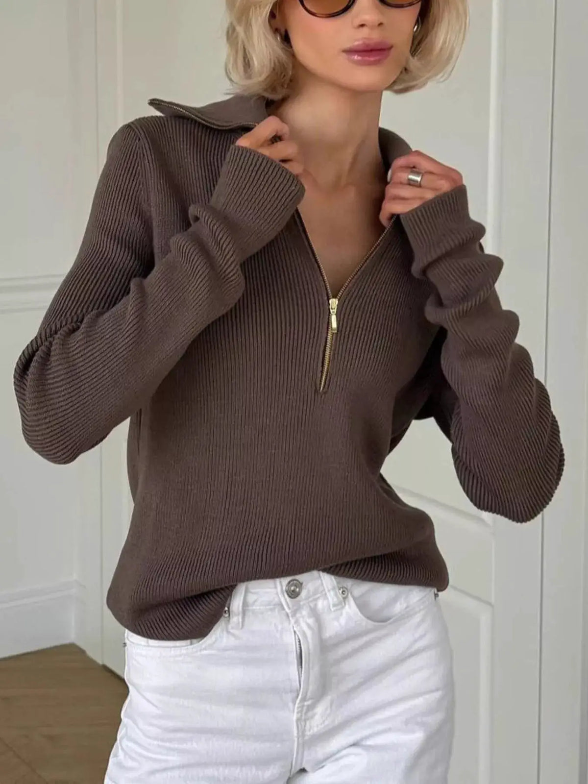 Ribbed Knit Quarter-Zip Sweater by Trendsi