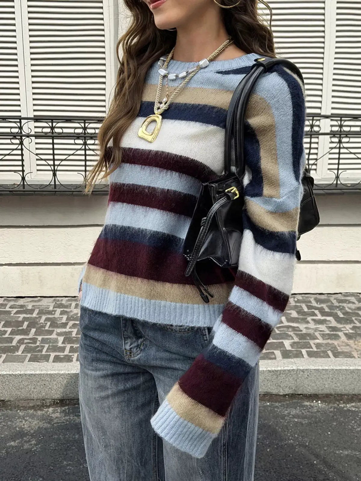 Multi-Color Striped Fuzzy Sweater by Trendsi