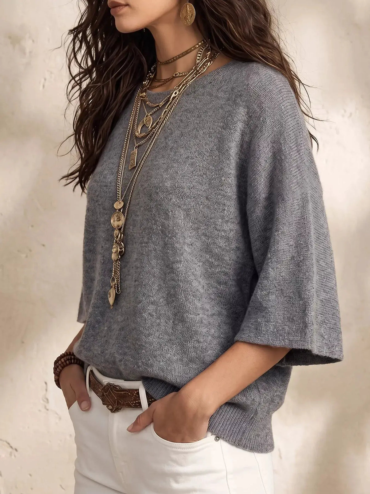Round Neck 3/4 Sleeve Knit Top by Trendsi