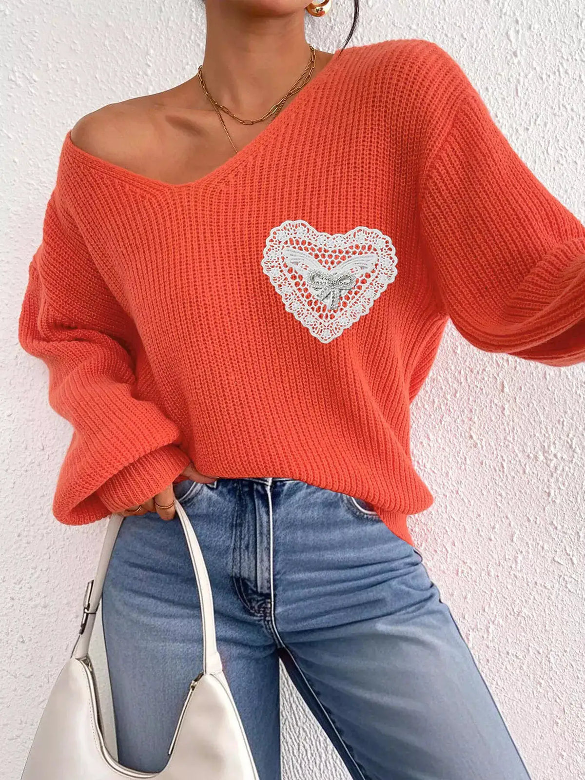 Lace Heart Dropped Shoulder Sweater by Trendsi
