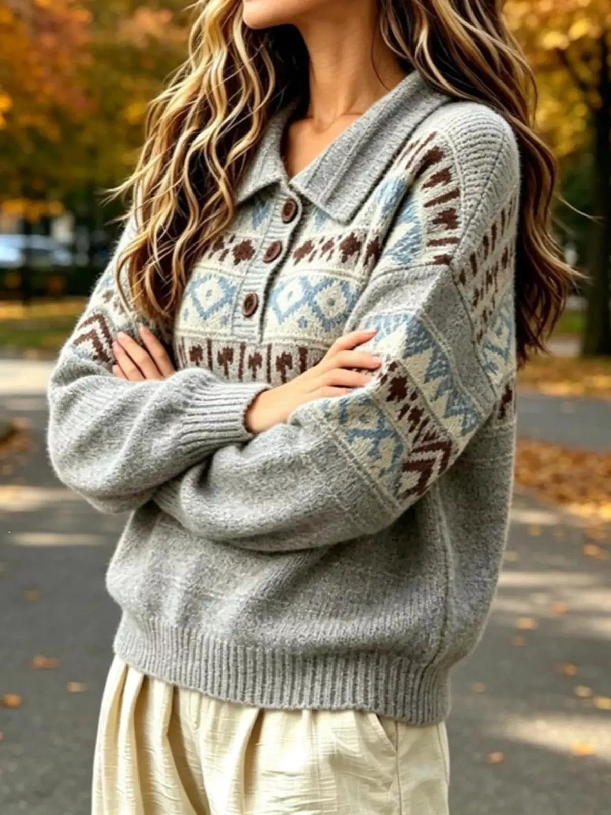 Full Size Vintage Fair Isle Pattern Polo Collar Sweater Plus Size by Trendsi