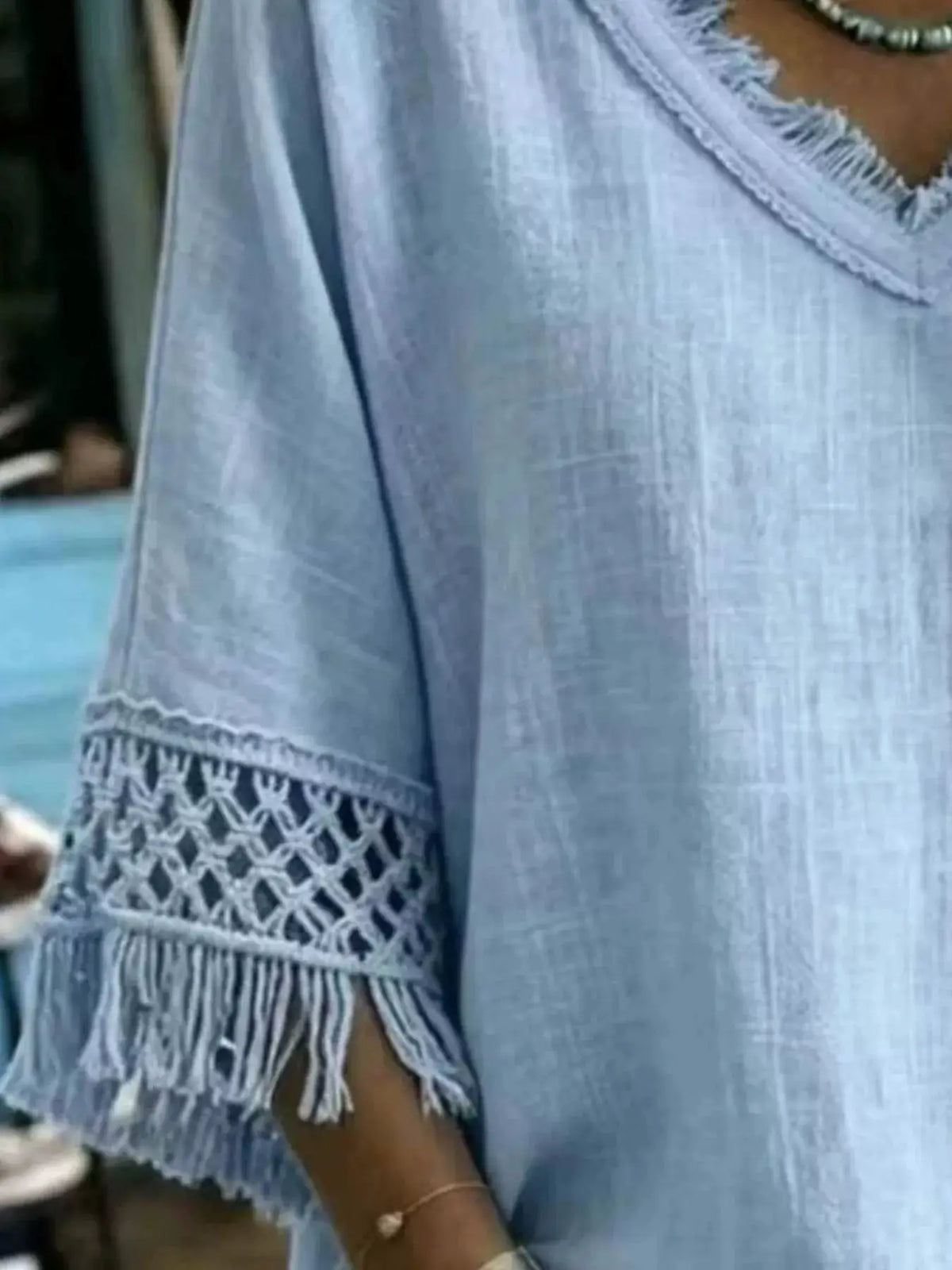 Full Size Fringe Trim V-Neck Loose Fit Blouse Plus Size by Trendsi