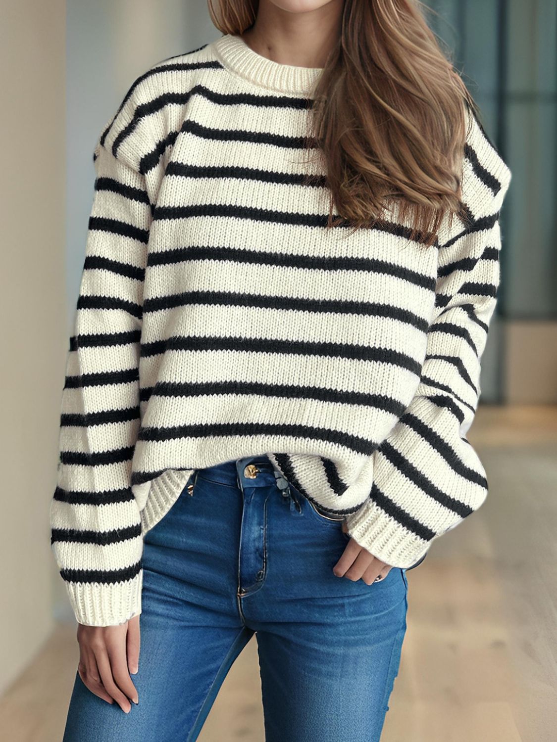 Striped Round Neck Long Sleeve Sweater