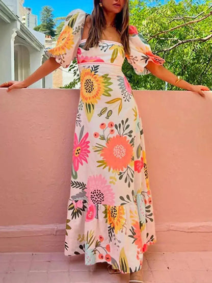 Full Size Floral Print Puff Sleeve Maxi Dress Plus Size by Trendsi