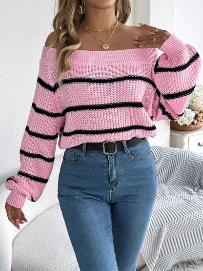 Off-Shoulder Striped Contrast Sweater by Trendsi