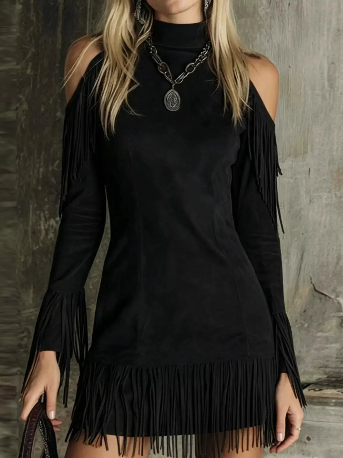 Fringed Cold Shoulder Mini Dress by Trendsi