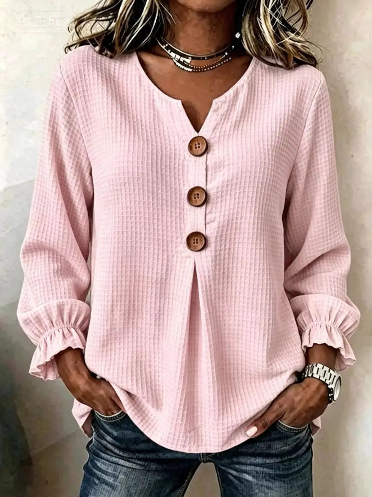 Waffle Knit Flounce Sleeve Top by Trendsi