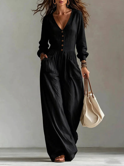 V-Neck Long Sleeve Button-Down Wide Leg Jumpsuit by Trendsi